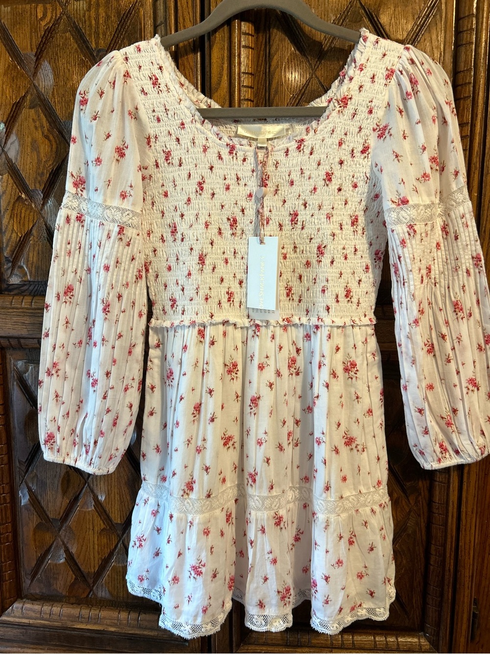 LoveShackFancy Girls Cream Dress with Red Floral Print